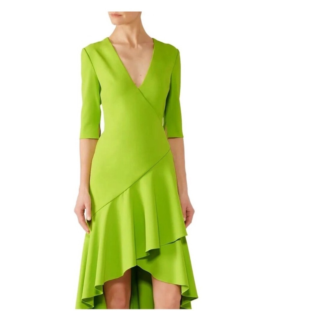 New $375 Badgley Mischka Lime Green High-Low Ruffle V-Neck Cocktail Dress 4 6